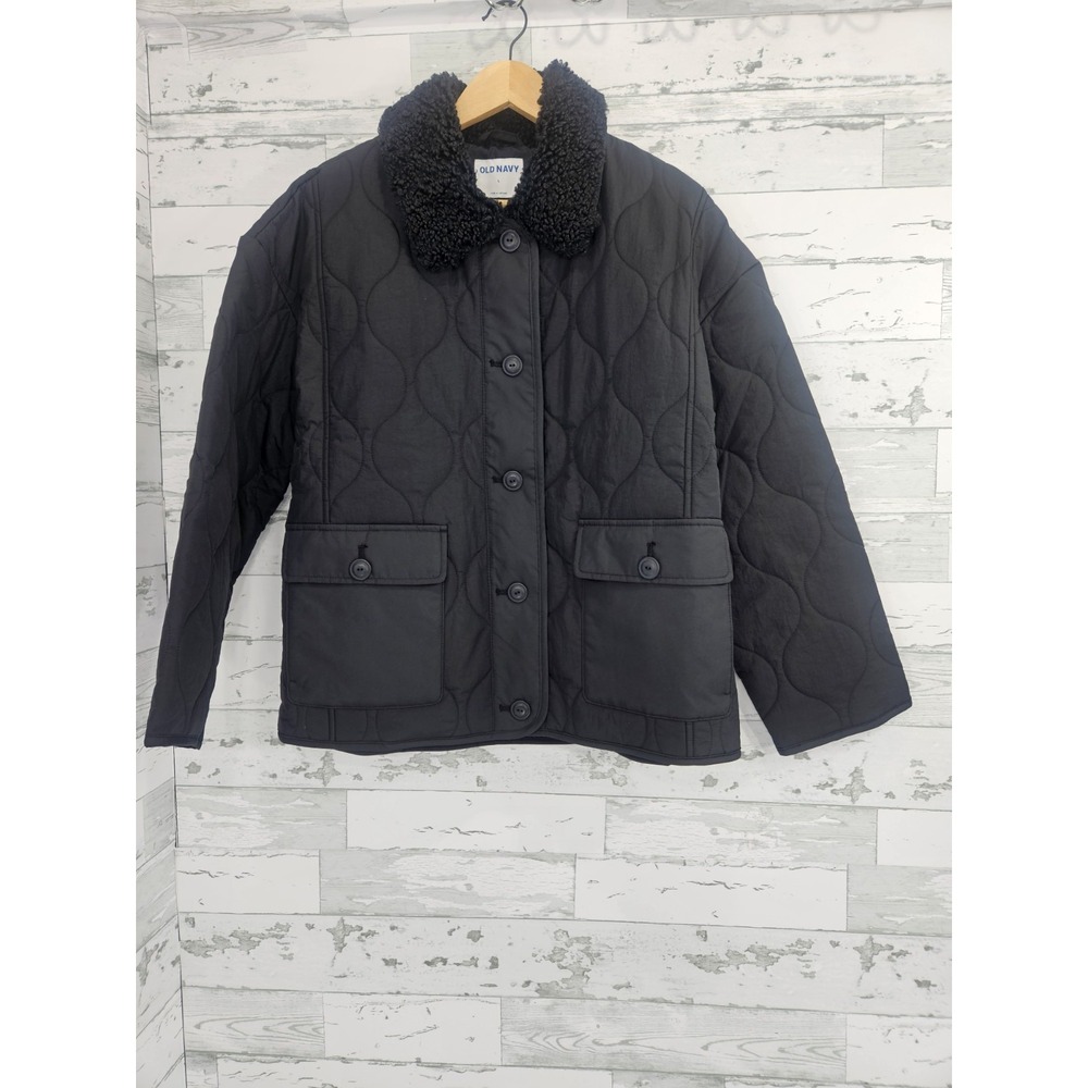 Old Navy Womens Quilted Barn Jacket Black Sherpa Collar Button Front XL New